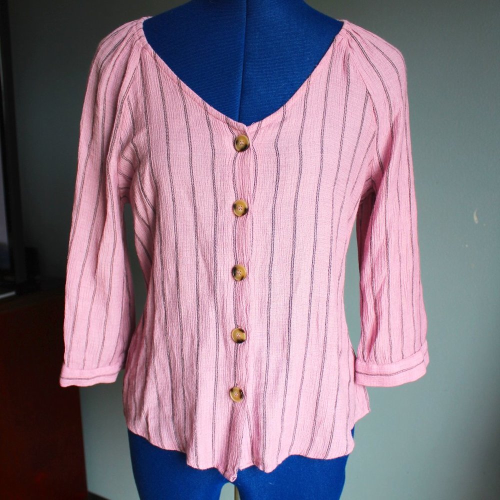 E & M Women's Mauve/Black Striped Button Front 3/4 Sleeve Top ~M~🌻RN 104403